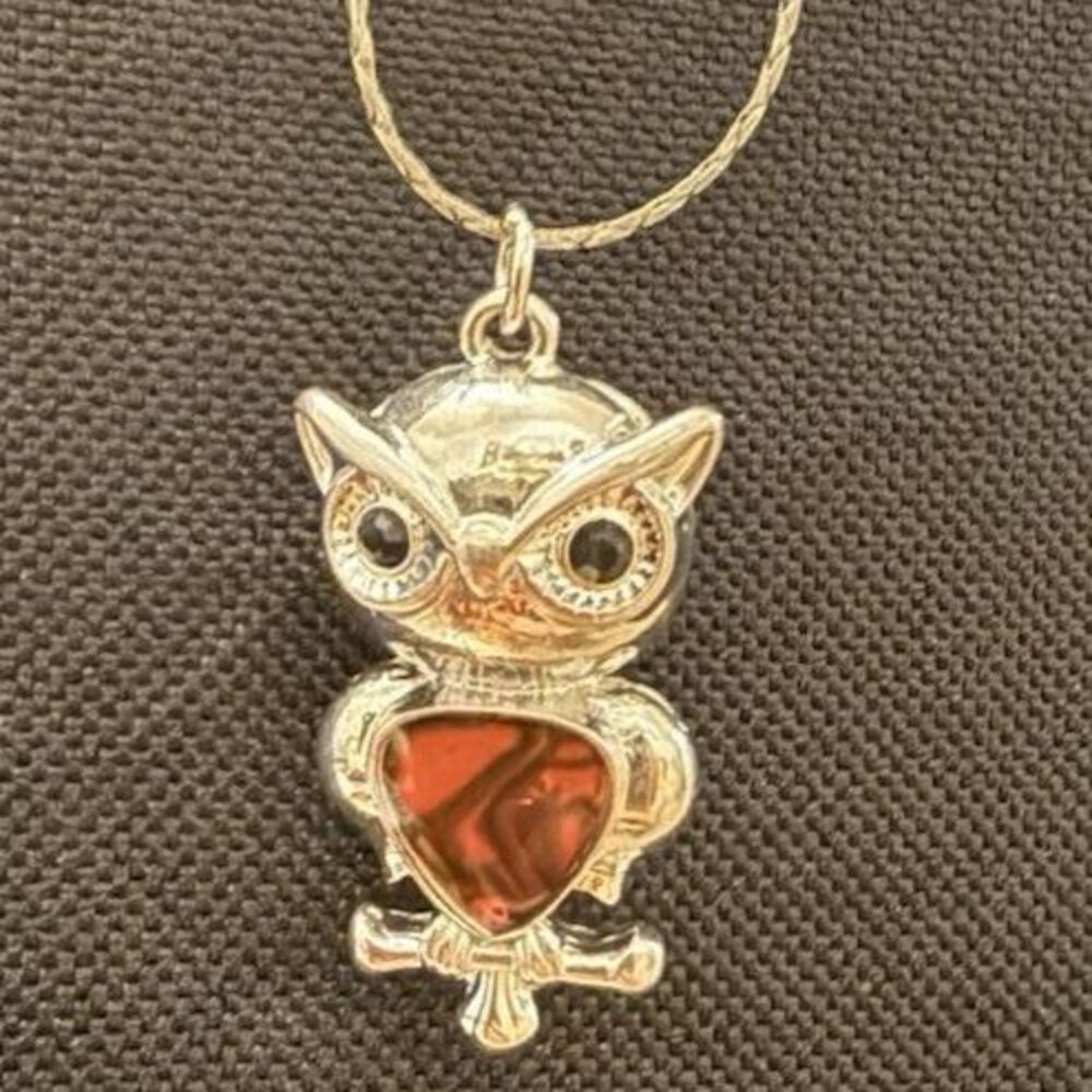 18 KGP Owl Necklace Owl Chain 24" with Pink, Purple Marbled Stone